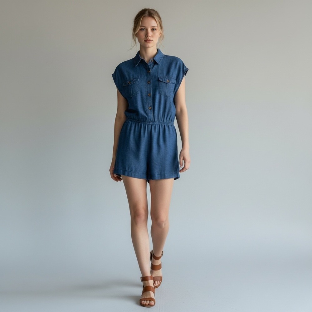 Indigo Lace Blue Boho Fest Chambray Romper Sleeveless Button Up Elastic Waist L
